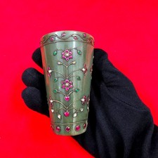 Vintage Rare Indian Islamic Mughal Jeweled Studded Precious Stone Jade Glass Cup picture