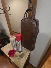 Vintage LL Bean Thermos Set - Leather Carrier Caddy, 2 Quart Bottles, Aluminum picture