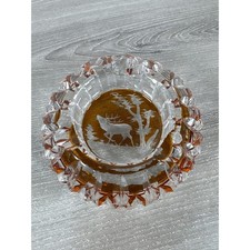 Vintage Amber Crystal Glass Ashtray Etched Stag Deer Intaglio Faceted Round 5.5