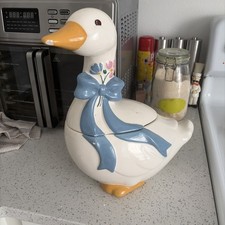 Vintage Country Goose Blue Bow Ceramic Cookie Jar Cottage Core Grandma picture
