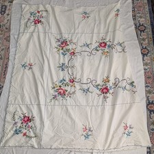 Vtg Large Embroidered Cross Stitch Roses Floral Tablecloth 130”x 110