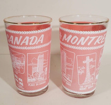 2 Vintage Pink Frosted Montreal Souvenir Glasses Tumblers Federal Glass picture
