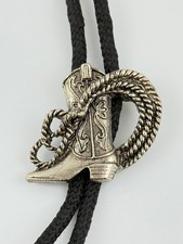 Vtg Western Cowboy Boot Rope Lariat Silver Tone Bolo Tie Rodeo Bronco Southwest picture