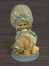 Vintage Hand Painted Ceramic Girl Figurine Spinning Wheel Large Bonnet Decor picture