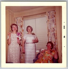 Vtg Color Snapshot Three Smiling Women Fancy Dresses Drinks Toasting Corsages picture