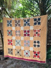 Antique Handmade 1890’s Bear Paw Patchwork Quilt 76x64  Cheddar Yellow Calico picture