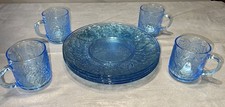 Vintage Kig Indonesia Ice Blue Set Of 4 Dinner Plates &4 Cups Fruit Motif Unused picture