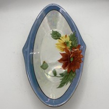 Japanese Art Deco Lusterware Relish/Trinket Dish Blue Edge Gold & Floral Design picture