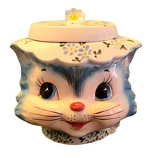 Vintage Lefton Miss Priss Ceramic Cookie Jar Blue Cat Floral Hat 1950s kitty euc picture