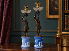 ❖ FIND Wedgwood Blue Jasperware Candlestick Lamp Bases Pair Crystal Bronze picture