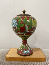 Vintage Antique Chinese Red Cloisonne Lidded Urn Vase Flowers & Butterflies picture