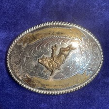 Vintage Alpaca Mexico Western Belt Buckle Bull Rider Two Tone picture