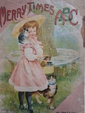 1880s-90s MERRY TIMES ABC Children's ALPHABET BOOK Cloth CATS Cloth picture