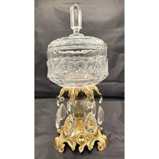 Vintage Etched Crystal Candy Dish Ornate Brass Base Hanging Prisms Victorian picture