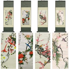 AtfArt Wall Art 4 Pack Silk Scroll Painting Birds & Flowers 36.2 x 12 in picture