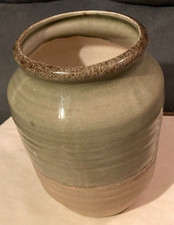Studio Art Pottery Vase Green Glaze w/Natural Clay-Swirl Pattern-Unsigned-7