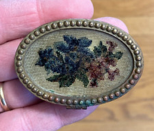 Hand Stitched Embroidered Flowers Copper Pill Box Austrian ca. 1910s picture