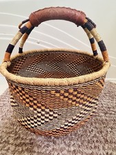 VTG Handwoven Bolga Basket Ghana African Market Basket Leather Handle 17”x10” picture