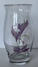 Vintage Pasabahce Turkey Glass Vase Purple Painted Iris 8 Inches picture