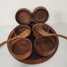 DANSK DESIGNS DENMARK IHQ SET, 6 BOWLS, TONGS, SLANTED CUTTING BOARD TEAK WOOD picture