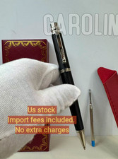CARTIER Santos Black Ribbed Ballpoint Pen Silver Tone Luxury Rare w/ Pouch Bid  picture