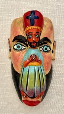 Vintage Guerrero Mexico Folk Art Carved Wood Mask Applied Religious Figure picture