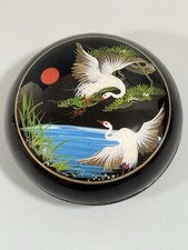 Japanese Hand Painted Black Lacquer Trinket Box Cranes Red Sun 3” picture
