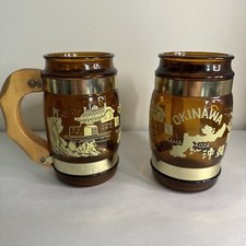 Vintage Siesta Ware Brown Amber Glass Mugs Okinawa Theme Wooden Handles Lot of 2 picture