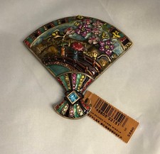 JAY STRONGWATER VINTAGE CHINOISERIE FAN SHAPED PURSE MIRROR W POUCH, RARE, NIB picture
