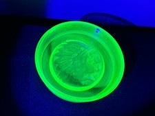 Vintage Uranium Vaseline Glass Indian Cheif Head Paperweight/Ashtray picture