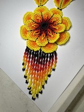 Huichol Wixárika Style Hand Beaded 3D Flower Necklace Fringe 19” Statement picture