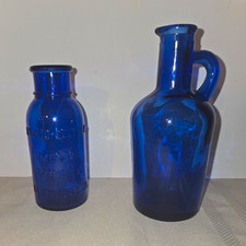 Vtg Cobalt Blue Blown Glass Lot of 2 - Embossed Bromo Seltzer & Pontil Base Jug picture
