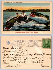 Ness City KS 1940 Linen Postcard Exaggerated Fishing Men Riding Fish Humorous picture
