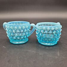 Vintage Fenton Colonial Blue Opalescent Hobnail Glass Open Cream And Sugar Set picture