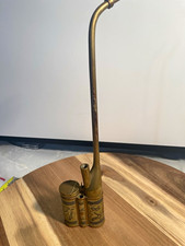 Vintage Chinese Brass Water Tobacco Pipe Blue Inlay Engraved Stamped Mark 13.7 picture