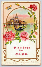Ola South Dakota SD Greetings Flowers Butterfly Embossed c1909 Postcard picture