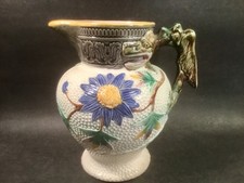 Antique Aster & Daisy Winged Dragon Handled Majolica Pitcher c.1800's picture