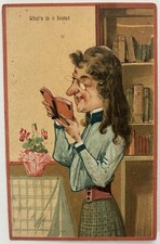Antique 1907 Postcard Humorous Caricature Woman Reading Glasses Bookshelf picture