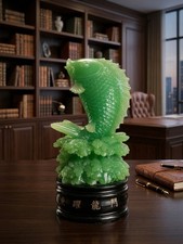 Green Faux Jade Resin Leaping Koi Fish Statue Chinese Inscribed Base 13.5 Inch picture