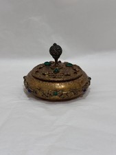 Antique 1920s Czech Jeweled Brass Trinket Box Art Deco Bohemian Filigree Orb 4“ picture