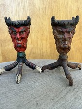 Pair Antique Cast Iron Devil Head Candle Holders Double Sided Bird Claw Foot 4