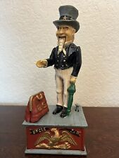 Vintage Cast Iron Uncle Sam Mechanical Coin Bank Red White Blue  Stopper Works picture