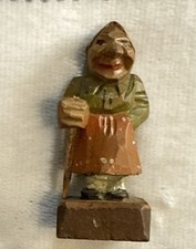 2.5” Hand Carved Wooden Figurine Peasant Woman w Cane Old Lady Vtg Antique picture
