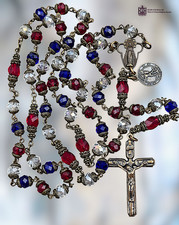 Miraculous Mary & Michael Patriotic Rosary Heirloom Bronze,Red White Blue Glass picture
