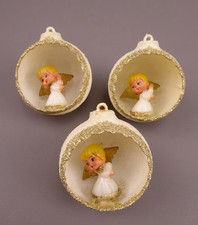 3 Vintage Plastic Angel Christmas Ornaments MCM Kitsch Glitter picture
