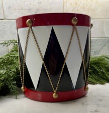 Christmas Toyland Drum Poinsettia Planter Cachepot Red Black White Metal 8” picture