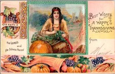 Vintage 1910 Schmucker Indian Winsch Girl & Turkey Thanksgiving Postcard UNUSUAL picture