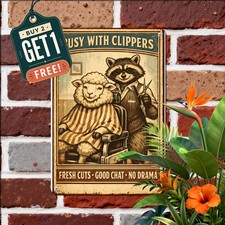 Funny Barber Cat Illustration Tin Sign Retro Anthropomorphic Cats Art 8x12 picture