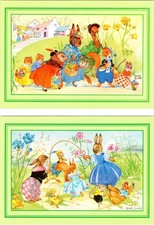 2~4X6 ART Postcards BUNNY RABBIT PICNIC & JUMP ROPE GAME By Artist RENE CLOKE picture