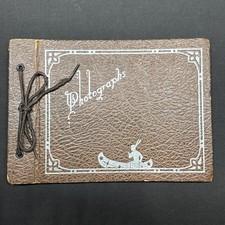 Empty Vintage 1920’s-30’s Leather Cover Photo Album With Indian Canoe On Front picture